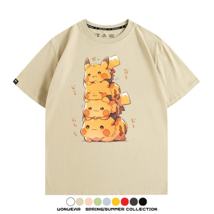 寶可夢皮卡丘可愛疊疊樂 親子情侶裝寬鬆短袖T
