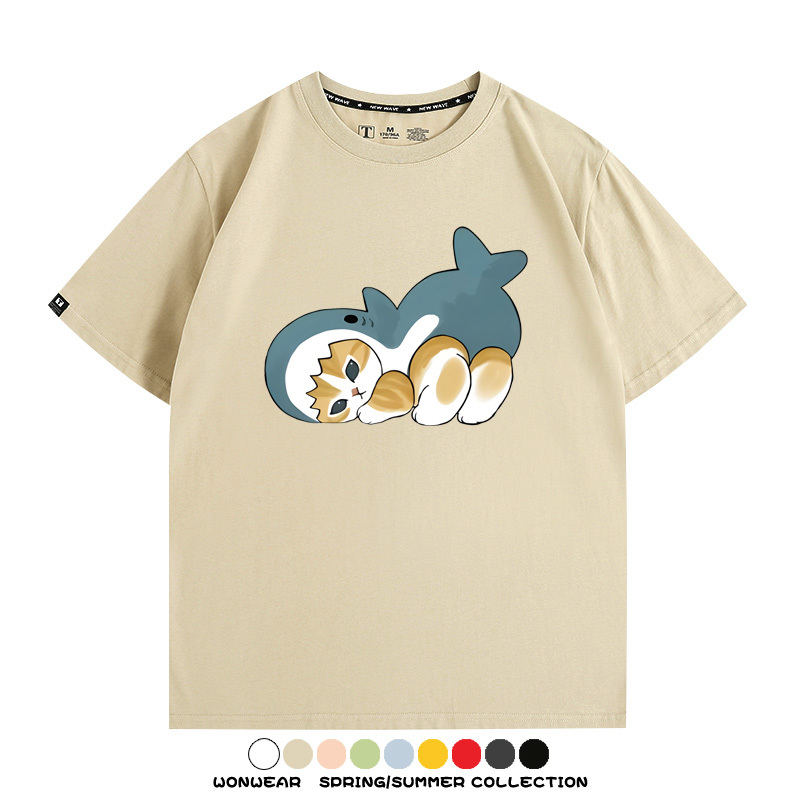 鯊魚貓福珊迪日系COS二次元卡通玩耍情侶短袖上衣純棉T恤衫夏季男寬鬆