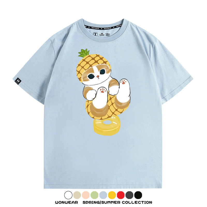 菠蘿貓福珊迪二次元情侶裝t恤衫聯名純棉圓領短袖上衣服卡通喵半袖男