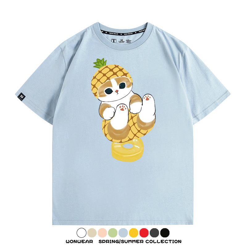 菠蘿貓福珊迪二次元情侶裝t恤衫聯名純棉圓領短袖上衣服卡通喵半袖男