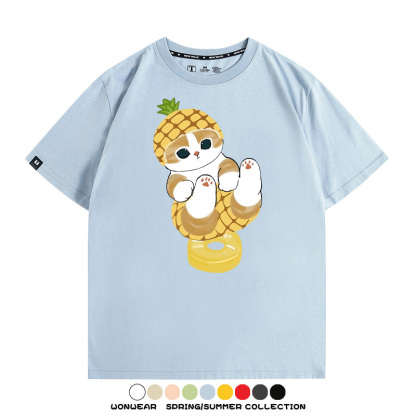 菠蘿貓福珊迪二次元情侶裝t恤衫聯名純棉圓領短袖上衣服卡通喵半袖男