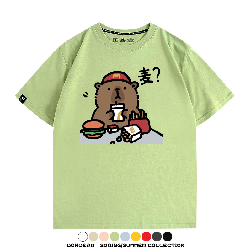 網紅水豚可愛卡皮巴拉COS麥門漢堡薯條二次元青少年夏季純棉T恤衫