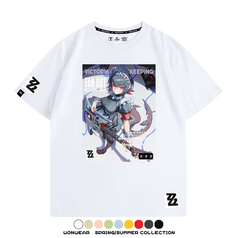 絕區零遊戲鯊魚妹艾蓮聯名款短袖夏季青少年男潮純棉寬鬆百搭T恤