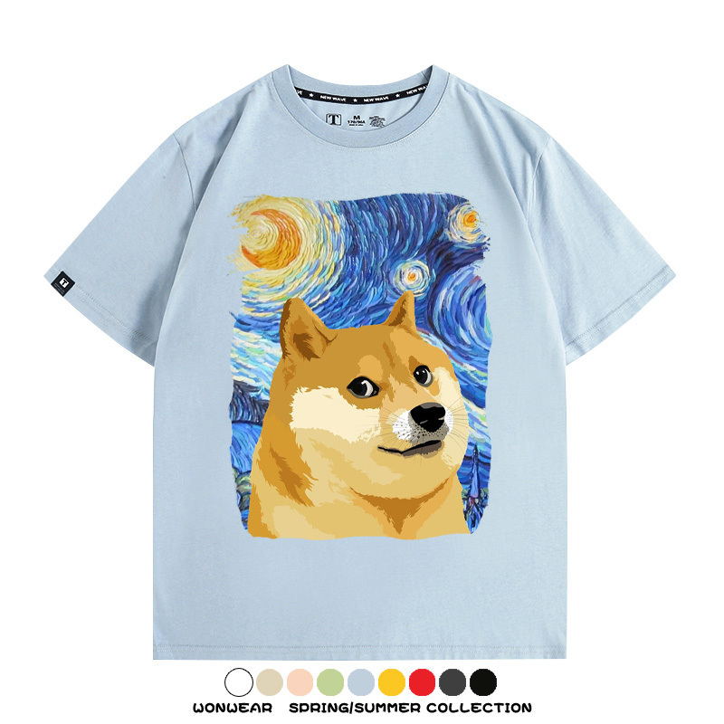 世界名畫吶喊星月夜聯名狗子柴犬 親子情侶裝寬鬆短袖T