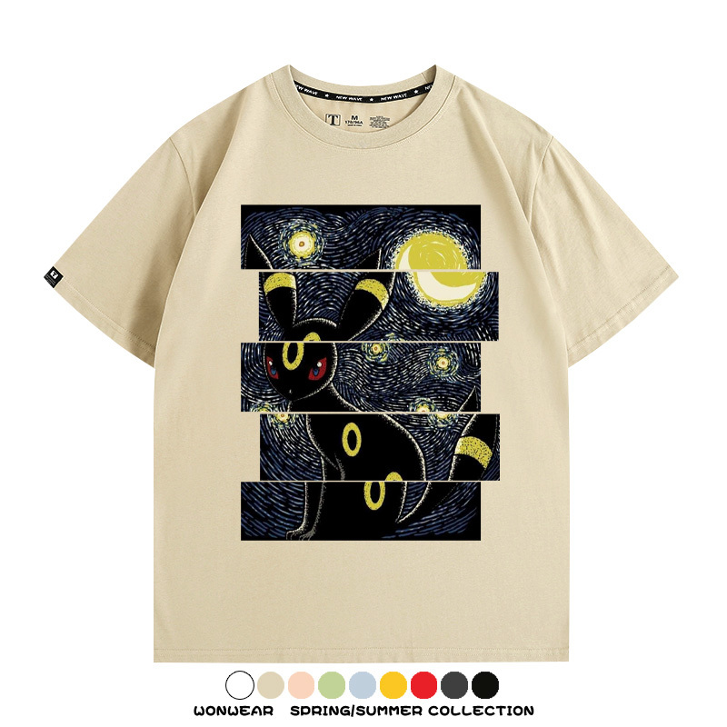 月亮伊布梵高星月夜聯名純棉t恤衫精靈寶可夢卡通動漫周邊短袖男