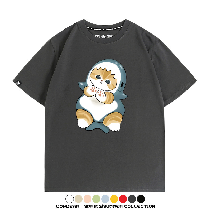 鯊魚貓福珊迪日系COS二次元卡通玩耍情侶短袖上衣純棉T恤衫夏季男寬鬆
