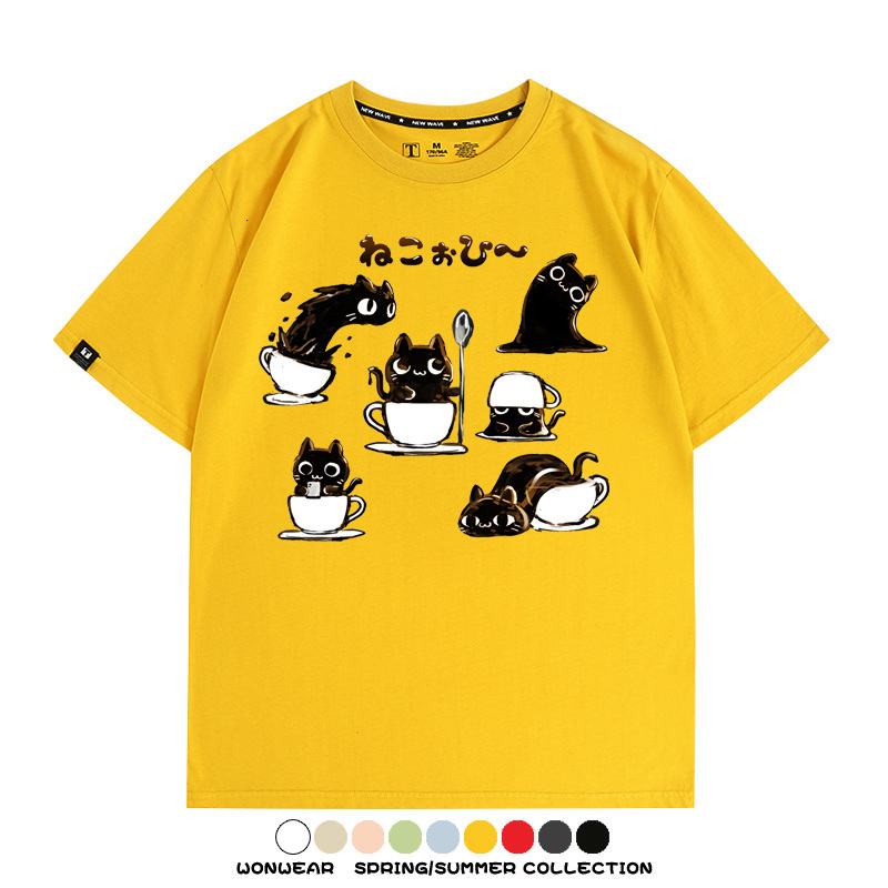 貓貓咖啡惡魔卡通可愛Q版打工人情侶短袖夏季青少年男寬鬆純棉T恤