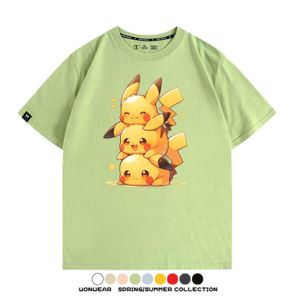寶可夢皮卡丘可愛疊疊樂 親子情侶裝寬鬆短袖T