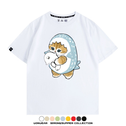 鯊魚貓福珊迪日系COS二次元卡通玩耍情侶短袖上衣純棉T恤衫夏季男寬鬆