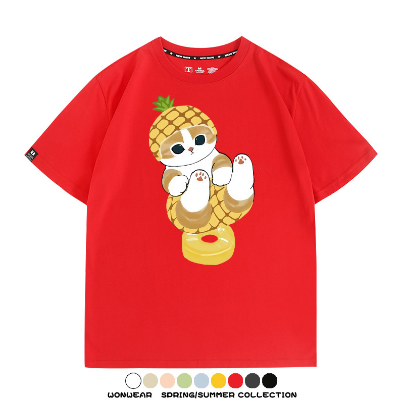 菠蘿貓福珊迪二次元情侶裝t恤衫聯名純棉圓領短袖上衣服卡通喵半袖男