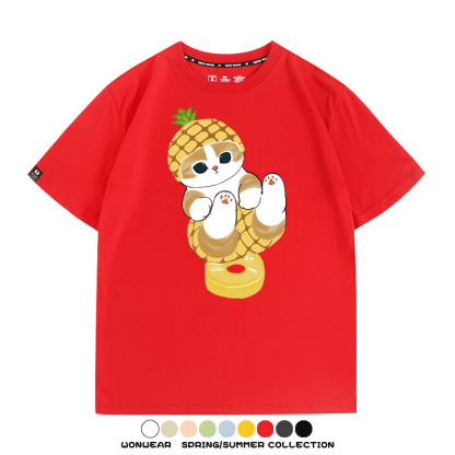 菠蘿貓福珊迪二次元情侶裝t恤衫聯名純棉圓領短袖上衣服卡通喵半袖男