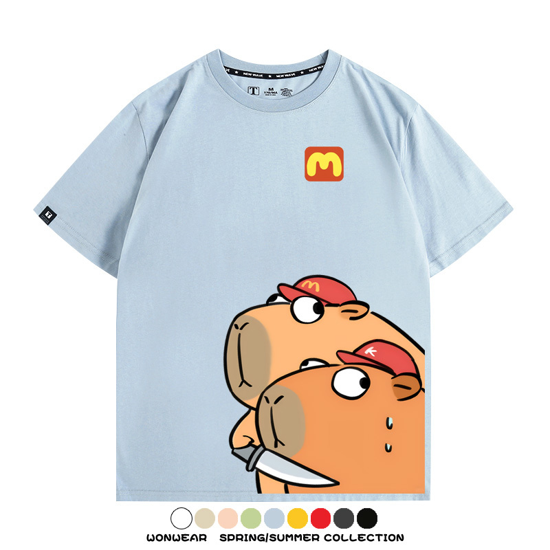 惡搞水豚卡皮巴拉麥門K記卡通聯名周邊短袖T恤衫夏季純棉男潮休閒