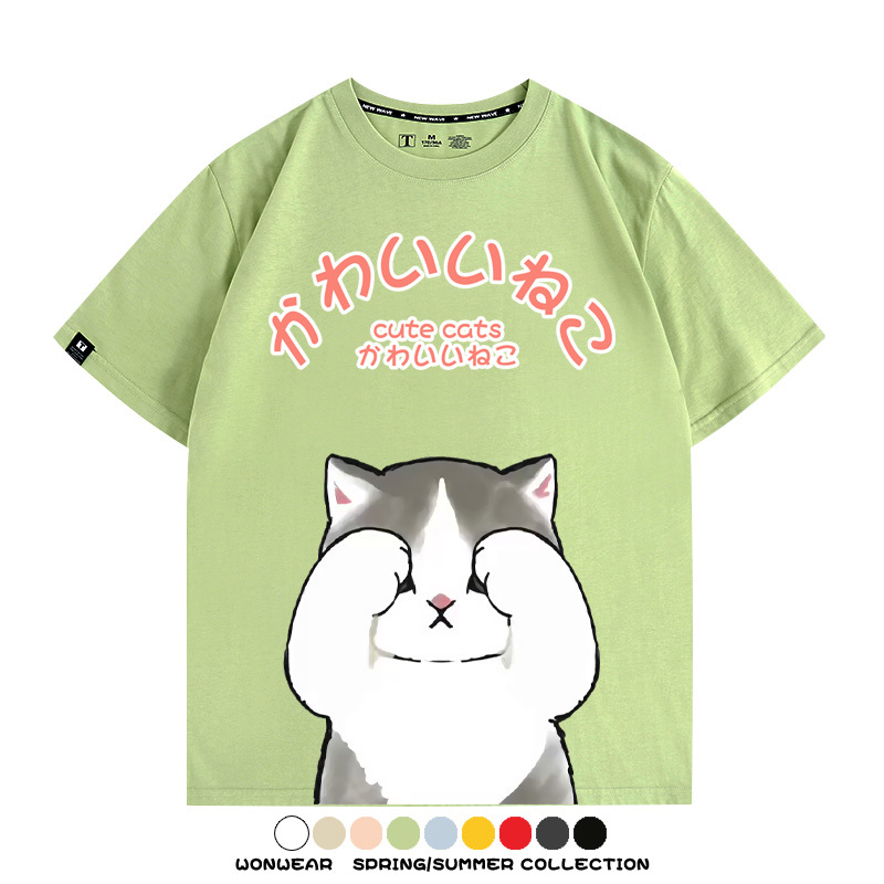 日系印花貓貓復古卡通 親子情侶裝寬鬆短袖T