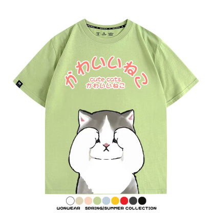 日系印花貓貓復古卡通 親子情侶裝寬鬆短袖T