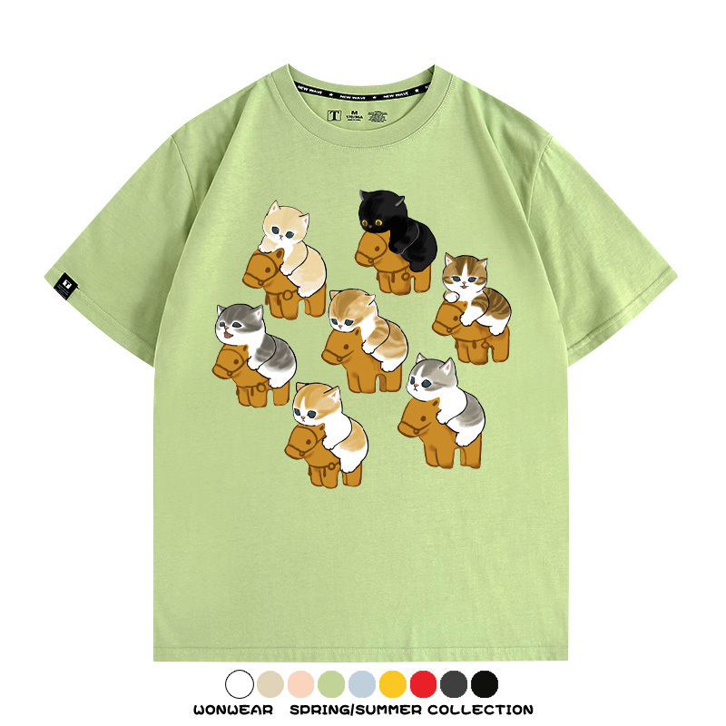 日系貓貓木馬卡通Q版 親子情侶裝寬鬆短袖T