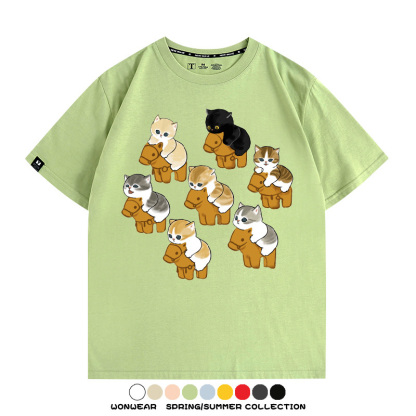 日系貓貓木馬卡通Q版 親子情侶裝寬鬆短袖T