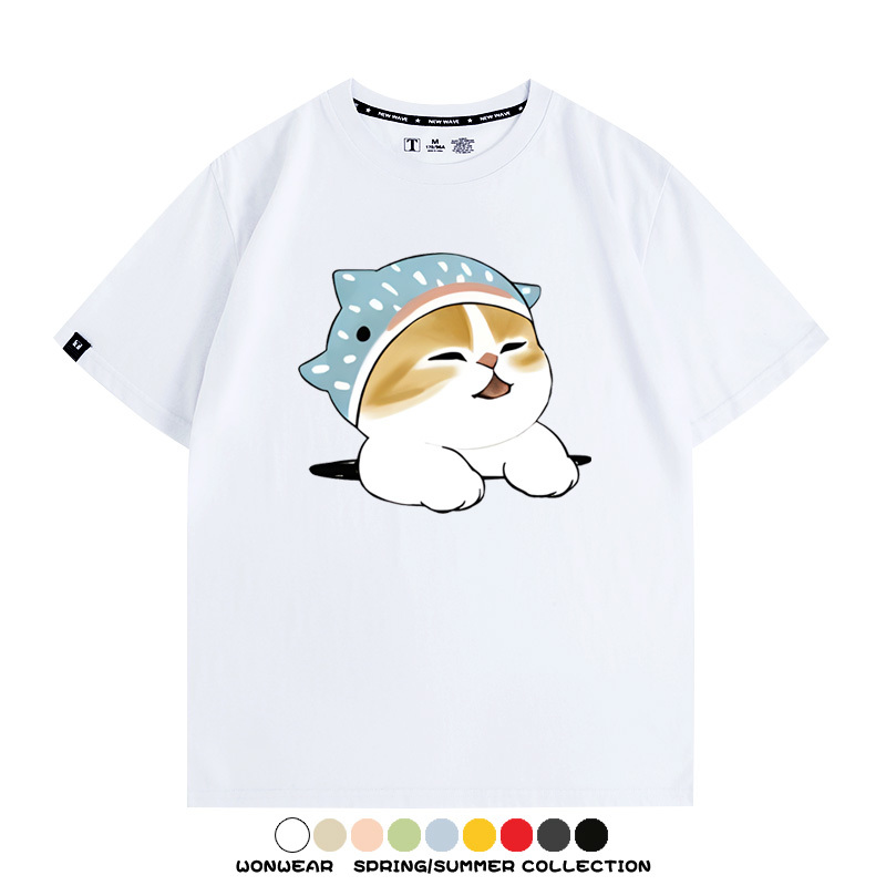 鯊魚貓福珊迪日系COS二次元卡通玩耍情侶短袖上衣純棉T恤衫夏季男寬鬆