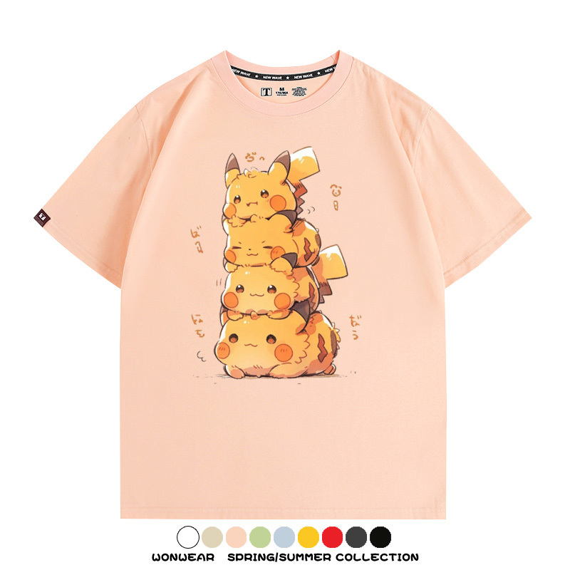 寶可夢皮卡丘可愛疊疊樂 親子情侶裝寬鬆短袖T