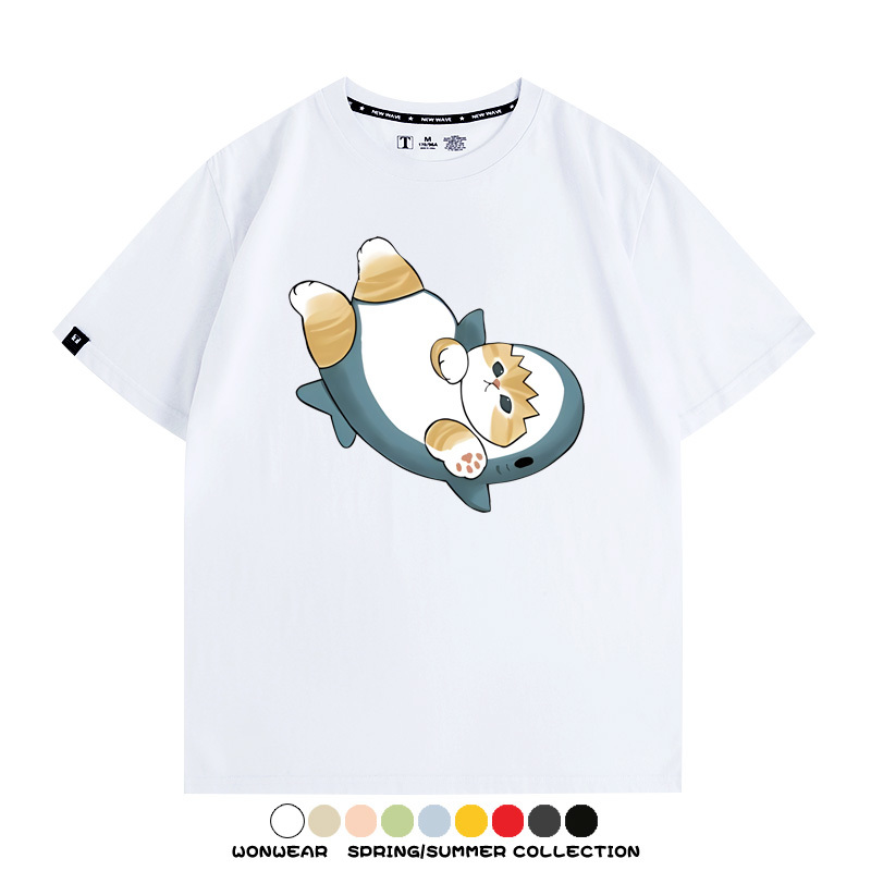 鯊魚貓福珊迪日系COS二次元卡通玩耍情侶短袖上衣純棉T恤衫夏季男寬鬆