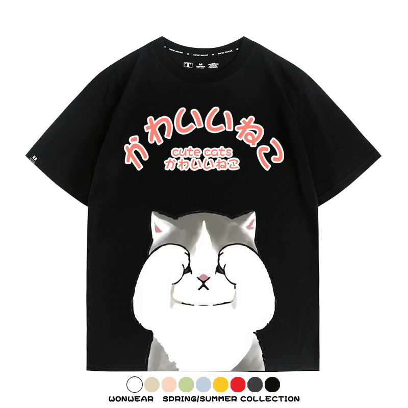 日系印花貓貓復古卡通 親子情侶裝寬鬆短袖T