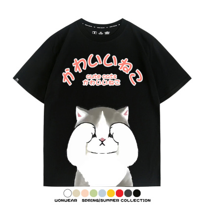 日系印花貓貓復古卡通 親子情侶裝寬鬆短袖T