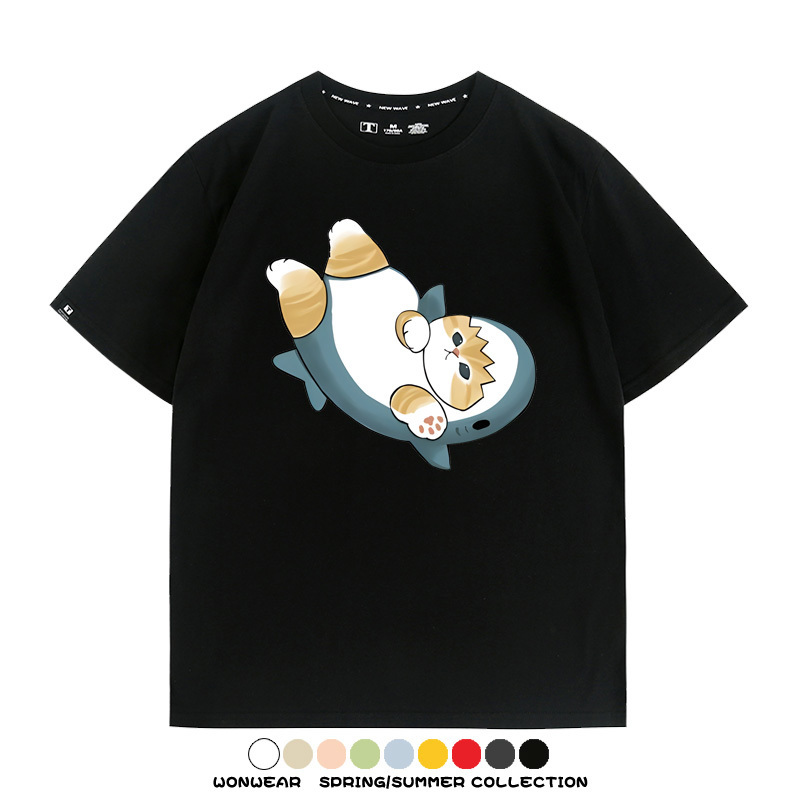 鯊魚貓福珊迪日系COS二次元卡通玩耍情侶短袖上衣純棉T恤衫夏季男寬鬆