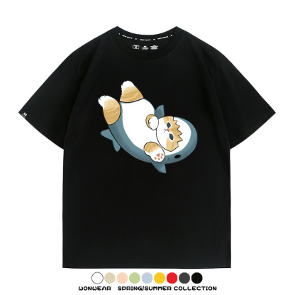 鯊魚貓福珊迪日系COS二次元卡通玩耍情侶短袖上衣純棉T恤衫夏季男寬鬆