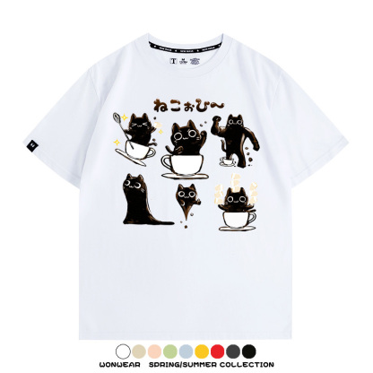 貓貓咖啡惡魔卡通可愛Q版打工人情侶短袖夏季青少年男寬鬆純棉T恤
