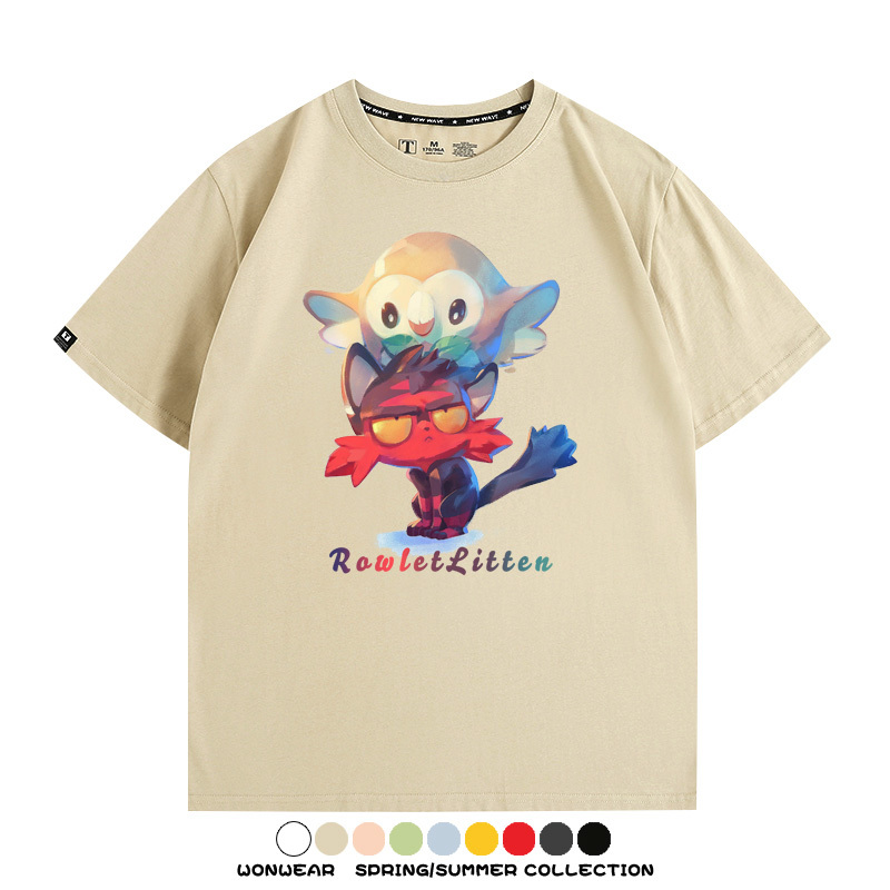 精靈寶可夢日月遊戲木木梟火斑喵卡通周邊短袖夏季男士純棉T恤衫