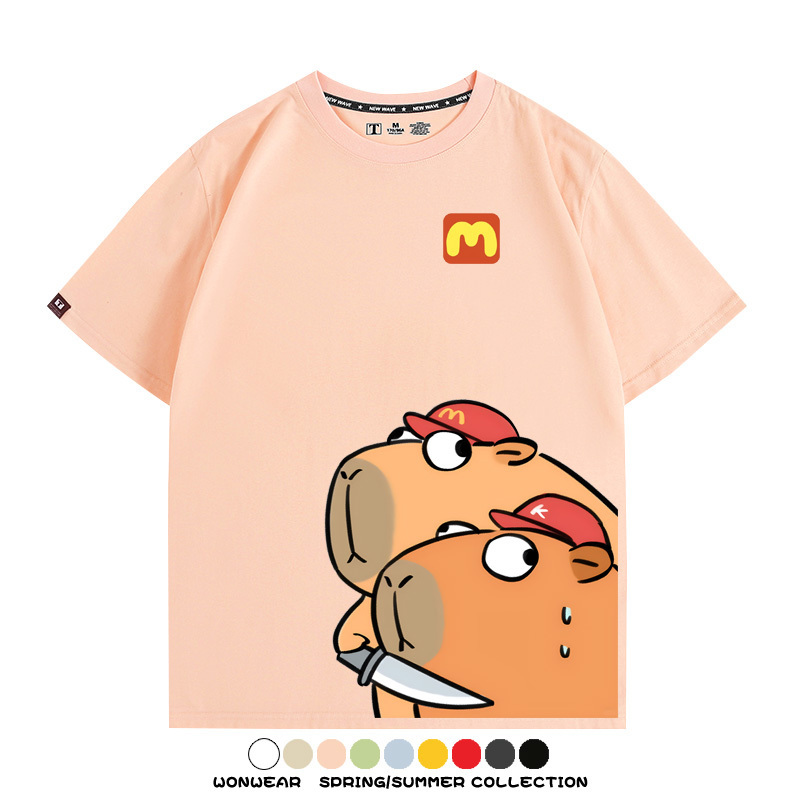 惡搞水豚卡皮巴拉麥門K記卡通聯名周邊短袖T恤衫夏季純棉男潮休閒