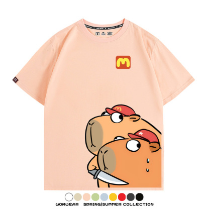 惡搞水豚卡皮巴拉麥門K記卡通聯名周邊短袖T恤衫夏季純棉男潮休閒