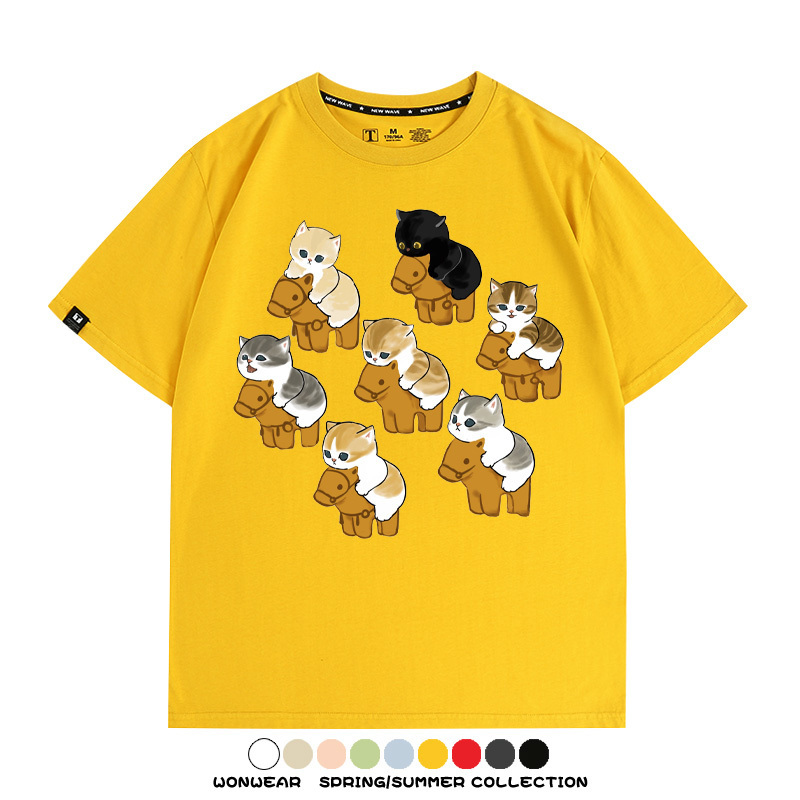日系貓貓木馬卡通Q版 親子情侶裝寬鬆短袖T