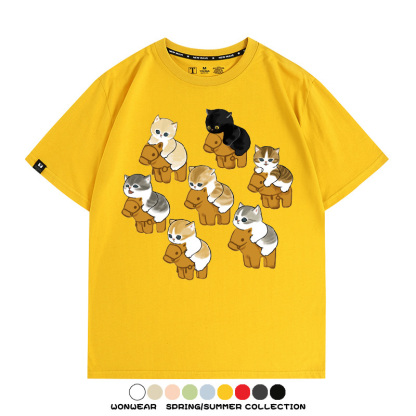 日系貓貓木馬卡通Q版 親子情侶裝寬鬆短袖T