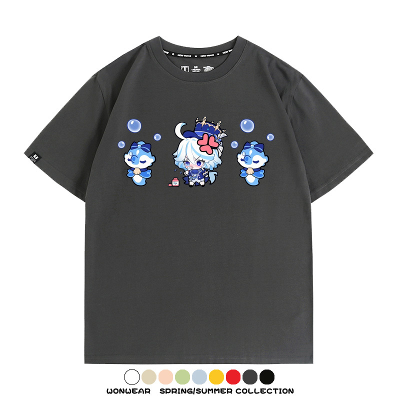 原神遊戲水神芙寧娜芙卡洛斯Q版可愛周邊短袖夏季純棉男潮T恤百搭