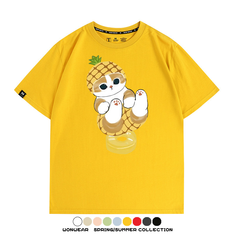 菠蘿貓福珊迪二次元情侶裝t恤衫聯名純棉圓領短袖上衣服卡通喵半袖男