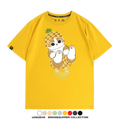 菠蘿貓福珊迪二次元情侶裝t恤衫聯名純棉圓領短袖上衣服卡通喵半袖男