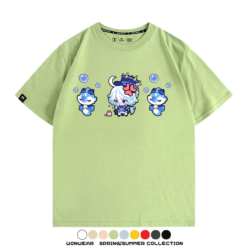原神遊戲水神芙寧娜芙卡洛斯Q版可愛周邊短袖夏季純棉男潮T恤百搭