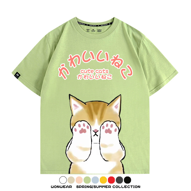 日系印花貓貓復古卡通 親子情侶裝寬鬆短袖T