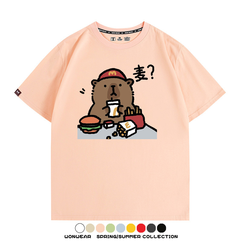 網紅水豚可愛卡皮巴拉COS麥門漢堡薯條二次元青少年夏季純棉T恤衫