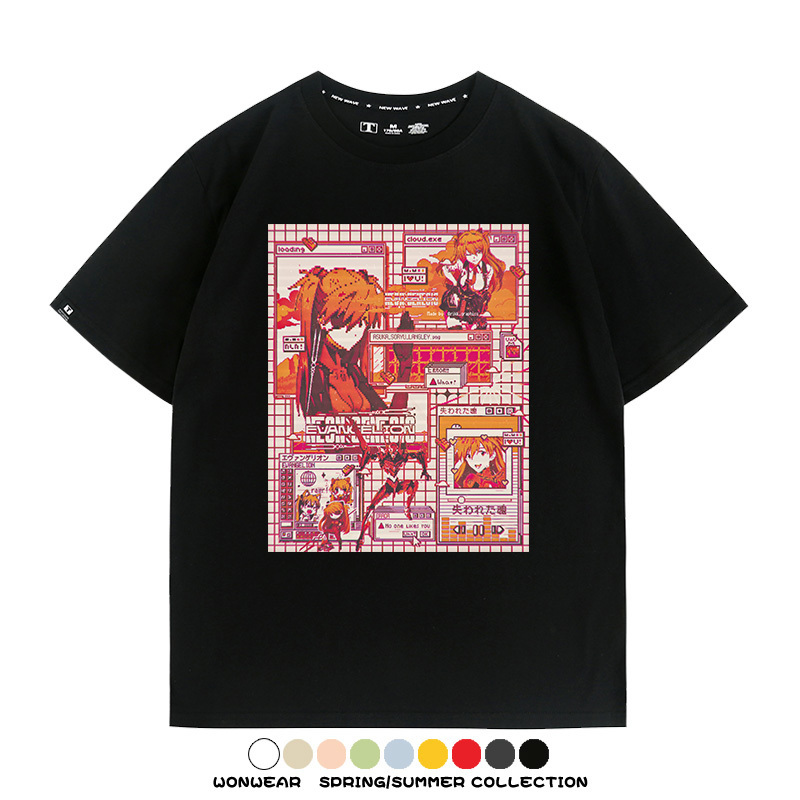 像素風復古EVA動漫明日香潮牌周邊純棉短袖上衣T恤衫夏季寬鬆百搭