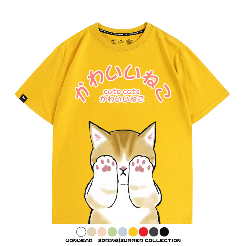 日系印花貓貓復古卡通 親子情侶裝寬鬆短袖T
