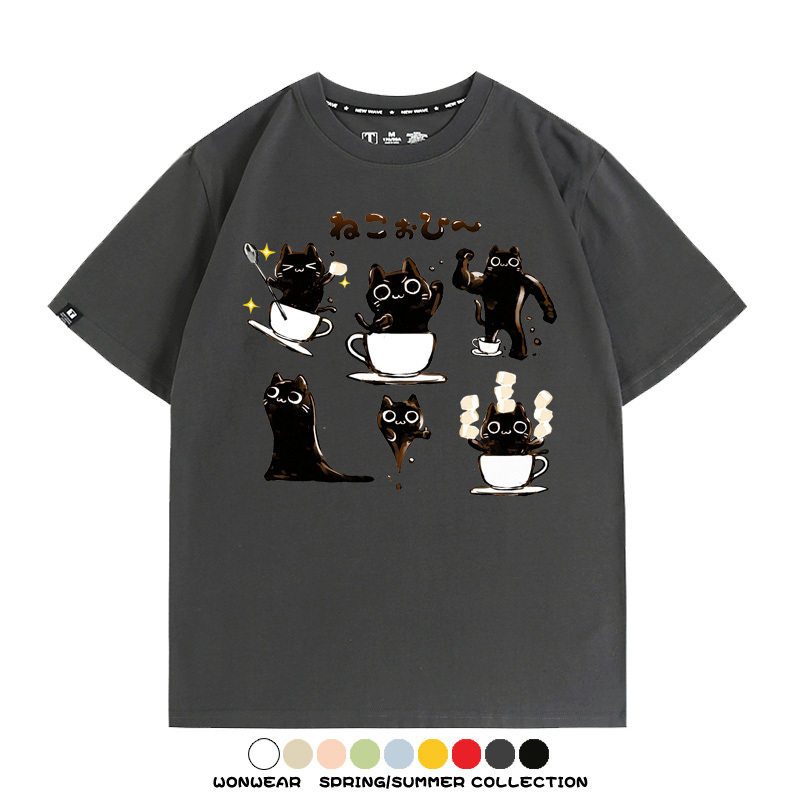 貓貓咖啡惡魔卡通可愛Q版打工人情侶短袖夏季青少年男寬鬆純棉T恤