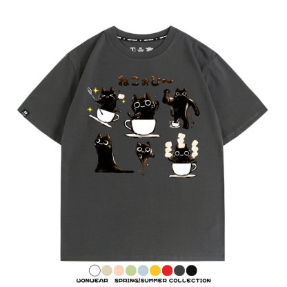貓貓咖啡惡魔卡通可愛Q版打工人情侶短袖夏季青少年男寬鬆純棉T恤