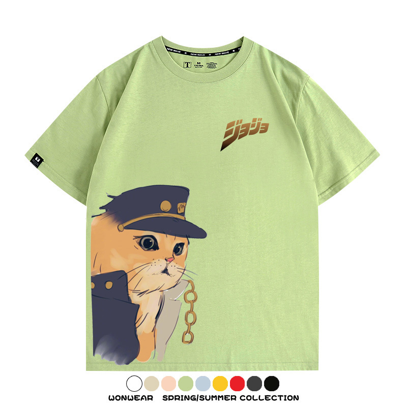 JOJO奇妙冒險聯動網紅嗷嗚貓波仔惡搞動漫短袖t-shirt
