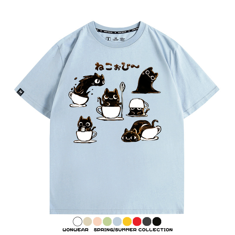 貓貓咖啡惡魔卡通可愛Q版打工人情侶短袖夏季青少年男寬鬆純棉T恤