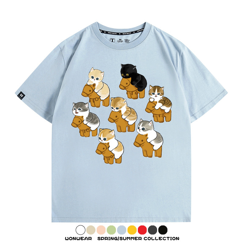 日系貓貓木馬卡通Q版 親子情侶裝寬鬆短袖T