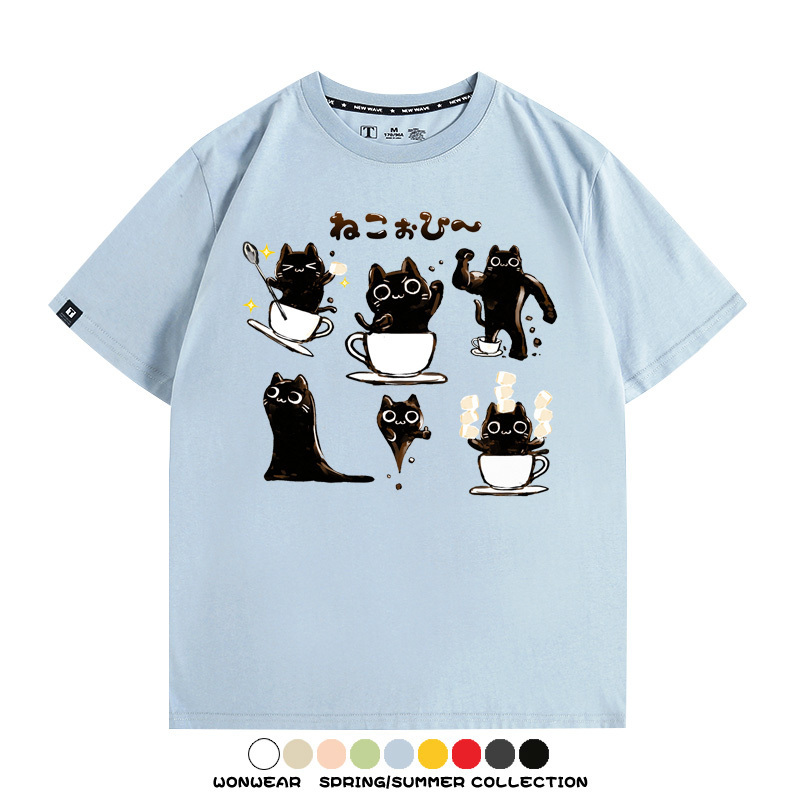 貓貓咖啡惡魔卡通可愛Q版打工人情侶短袖夏季青少年男寬鬆純棉T恤