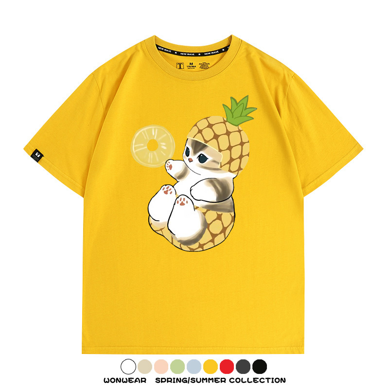 菠蘿貓福珊迪二次元情侶裝t恤衫聯名純棉圓領短袖上衣服卡通喵半袖男