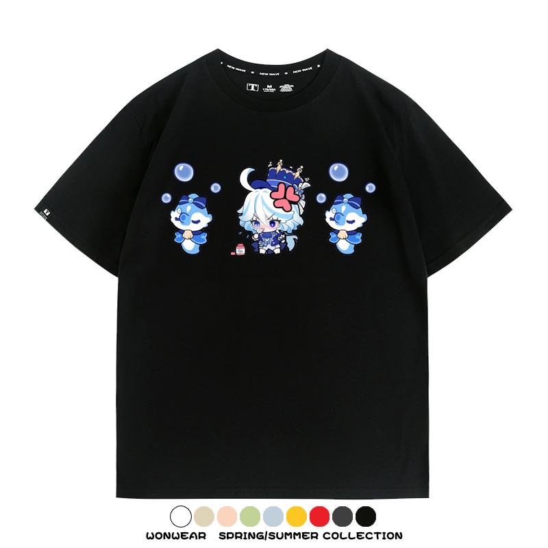 原神遊戲水神芙寧娜芙卡洛斯Q版可愛周邊短袖夏季純棉男潮T恤百搭