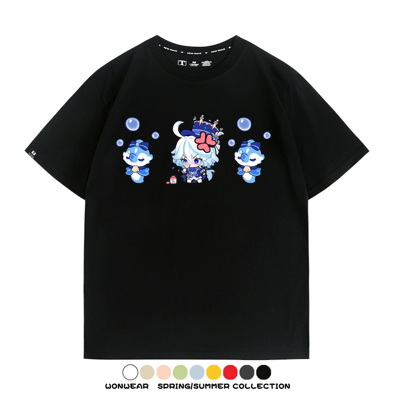 原神遊戲水神芙寧娜芙卡洛斯Q版可愛周邊短袖夏季純棉男潮T恤百搭